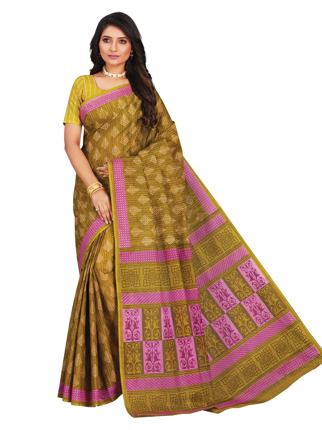 

SHANVIKA Olive Green & Pink Bagh Pure Cotton Block Print Saree
