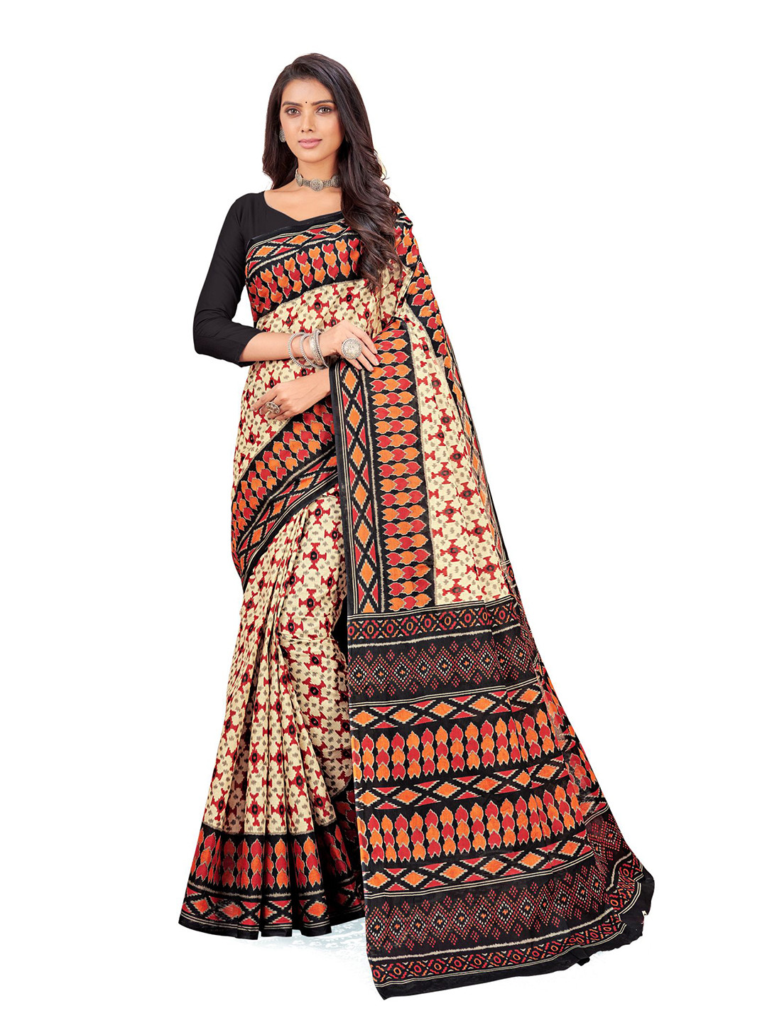 

SHANVIKA Beige & Black Ethnic Motifs Pure Cotton Block Print Saree