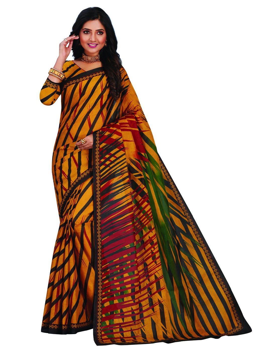 

SHANVIKA Mustard & Black Striped Pure Cotton Block Print Saree