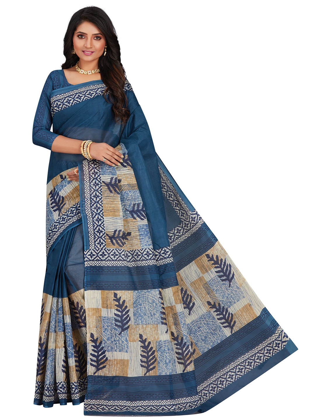 

SHANVIKA Blue & Brown Pure Cotton Block Print Saree
