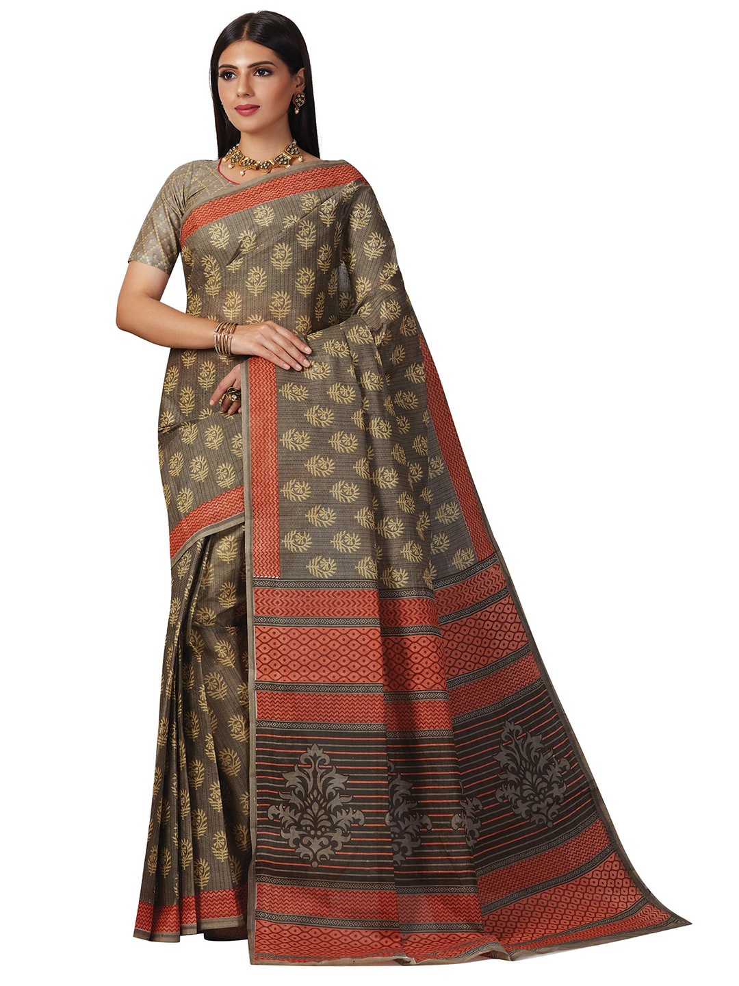 

SHANVIKA Grey & Red Bagh Pure Cotton Block Print Saree