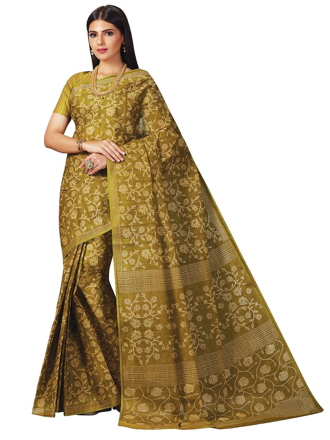 

SHANVIKA Green Floral Pure Cotton Block Print Saree