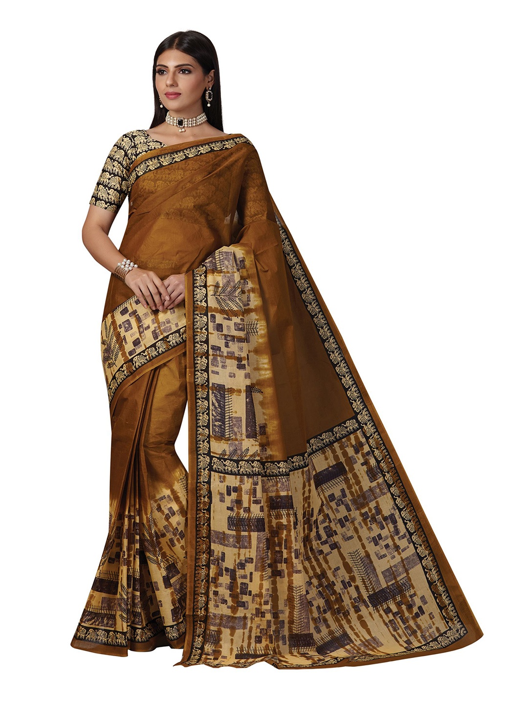 

SHANVIKA Mustard & Black Pure Cotton Block Print Saree