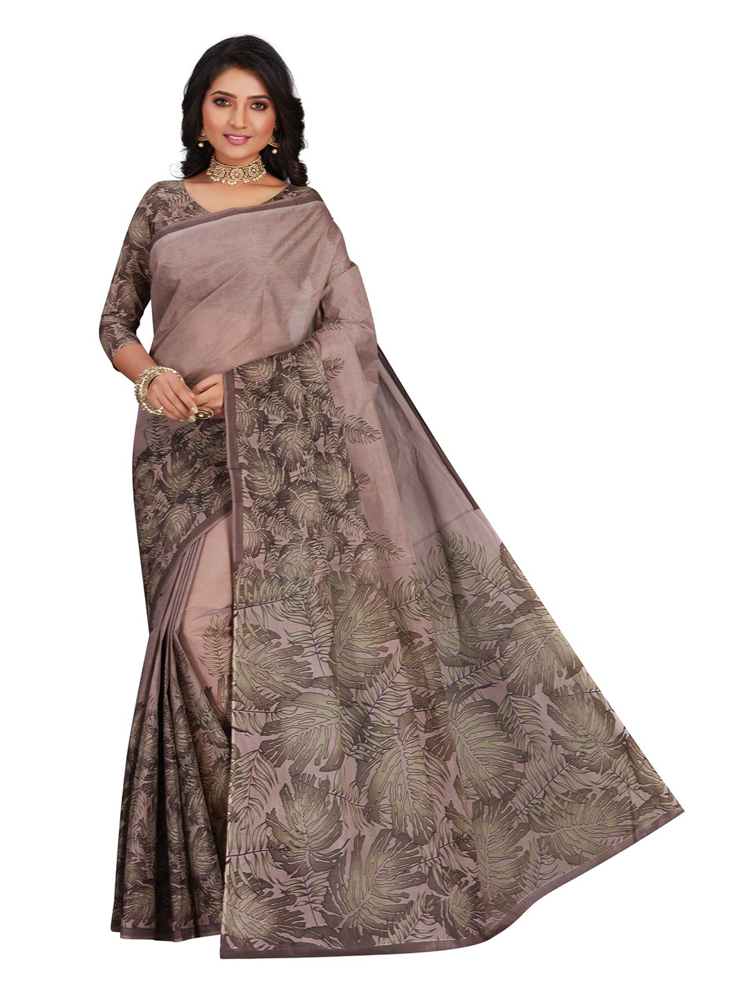 

SHANVIKA Grey & Pink Floral Pure Cotton Block Print Saree