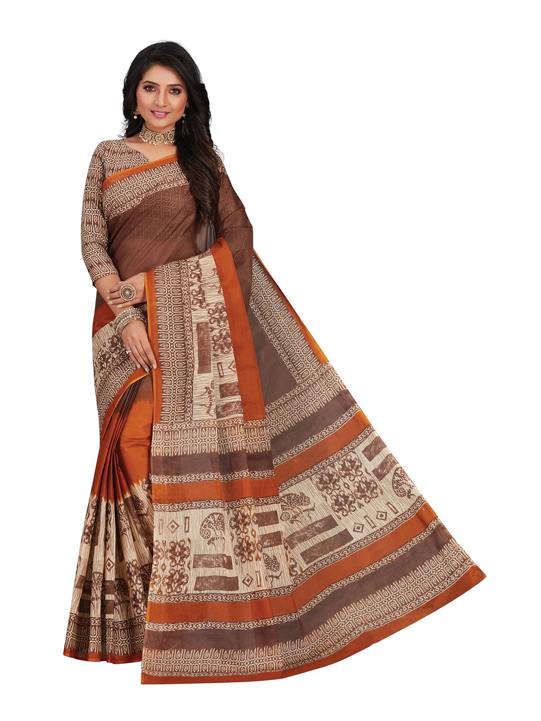 

SHANVIKA Brown & Orange Pure Cotton Block Print Saree