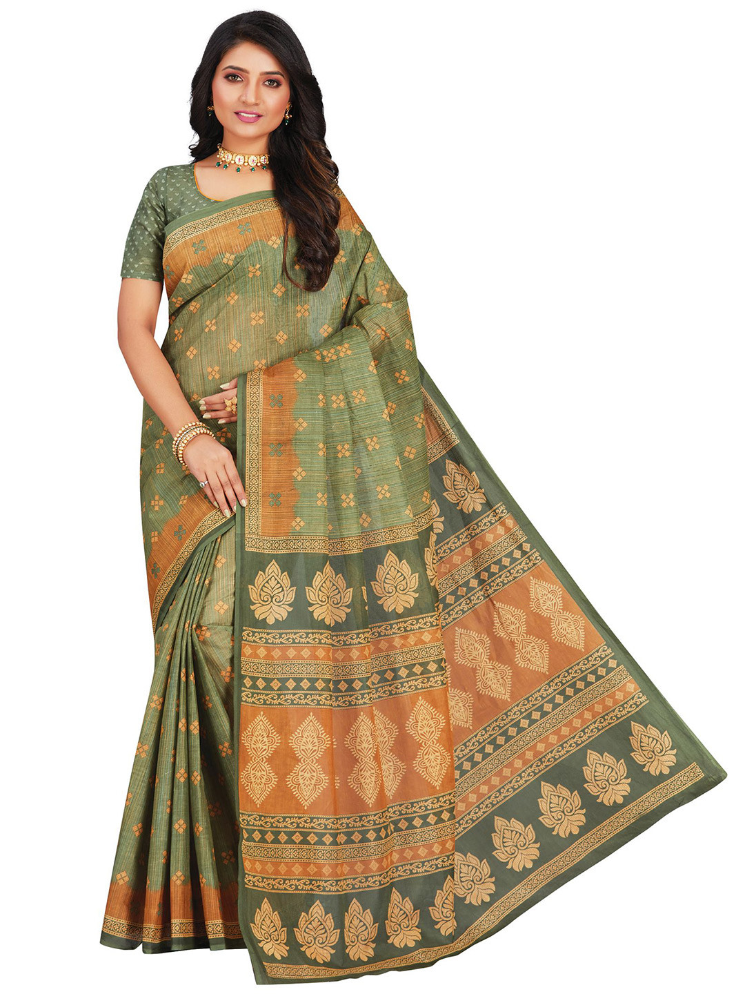 

SHANVIKA Green & Mustard Checked Pure Cotton Block Print Saree