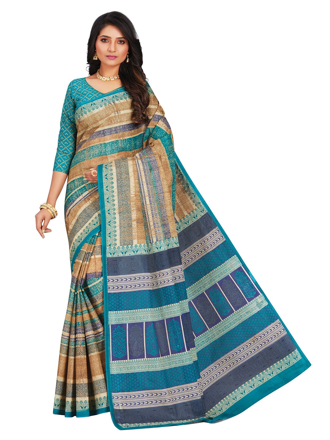

SHANVIKA Beige & Blue Striped Pure Cotton Block Print Saree