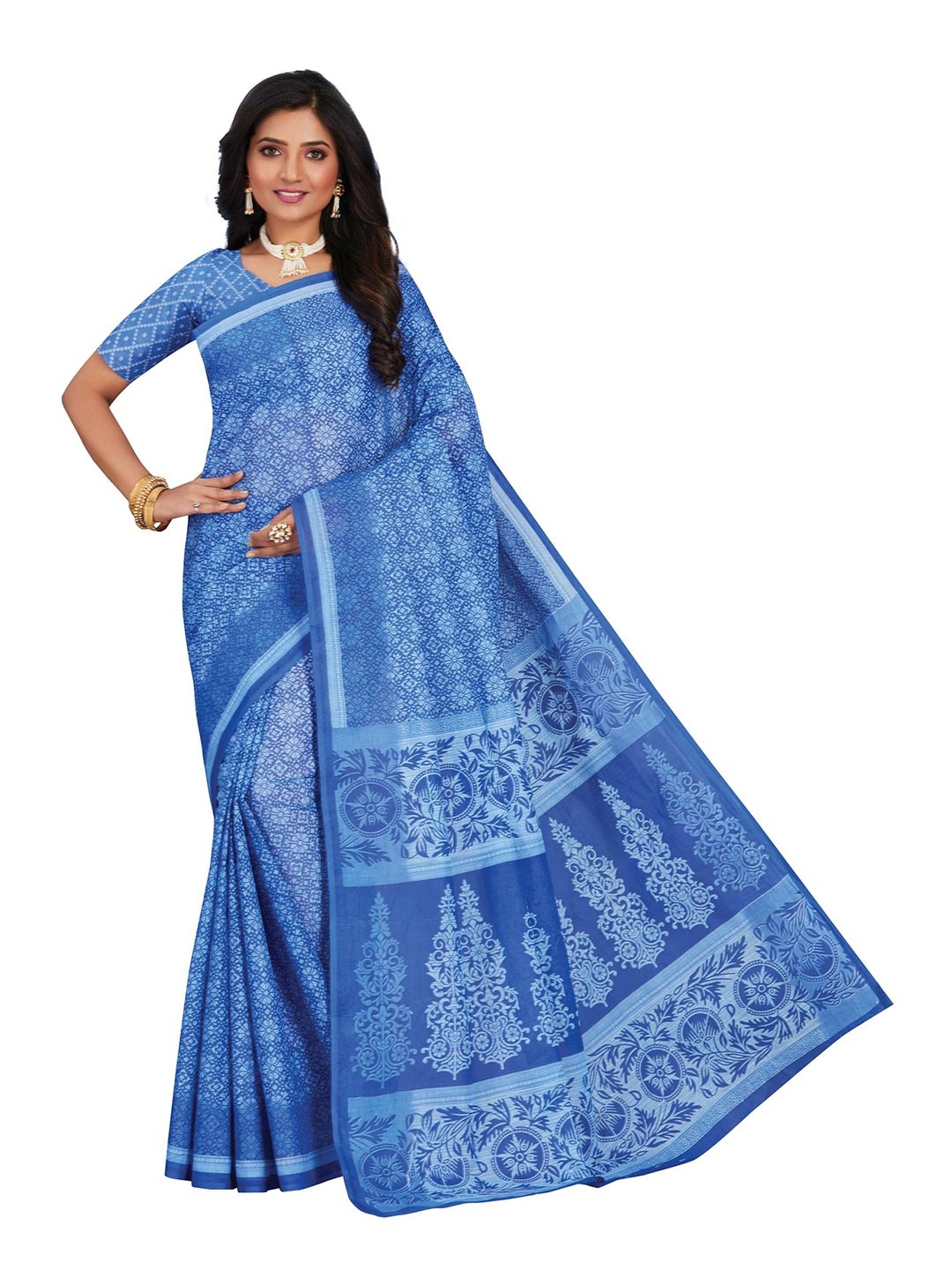 

SHANVIKA Blue & White Ethnic Motifs Pure Cotton Block Print Saree