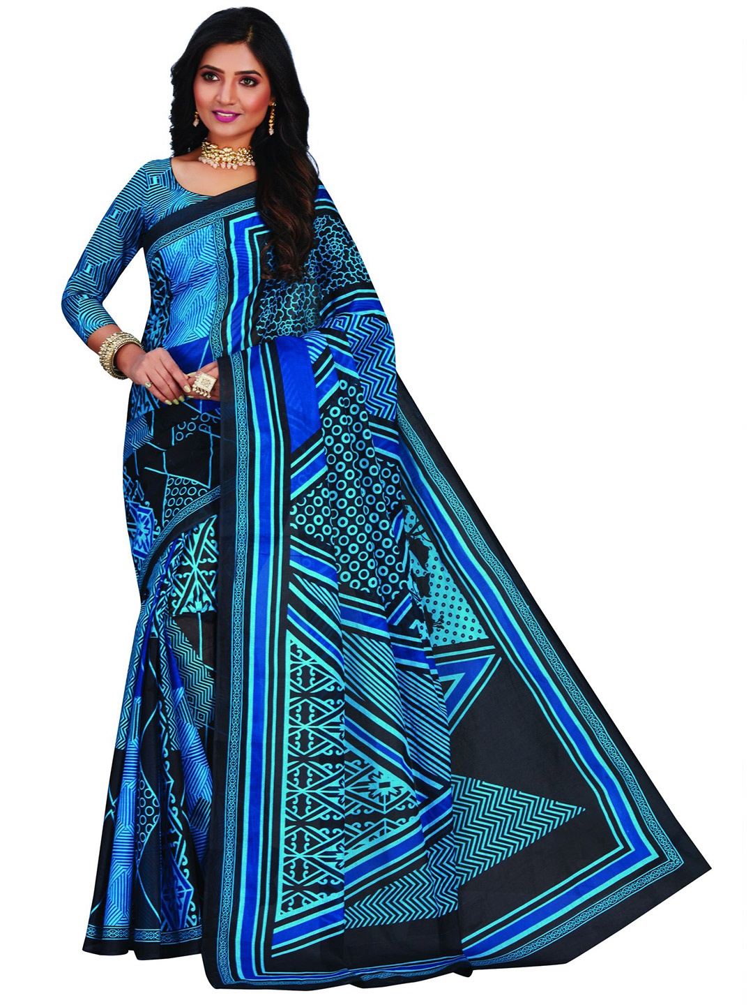 

SHANVIKA Blue & Black Pure Cotton Block Print Saree