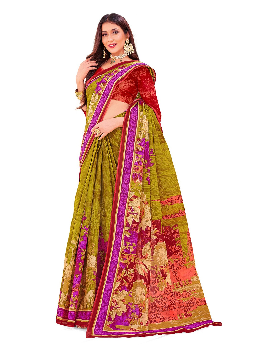 

SHANVIKA Women Pure Cotton Abstract Print Saree With Blouse Piece, Green