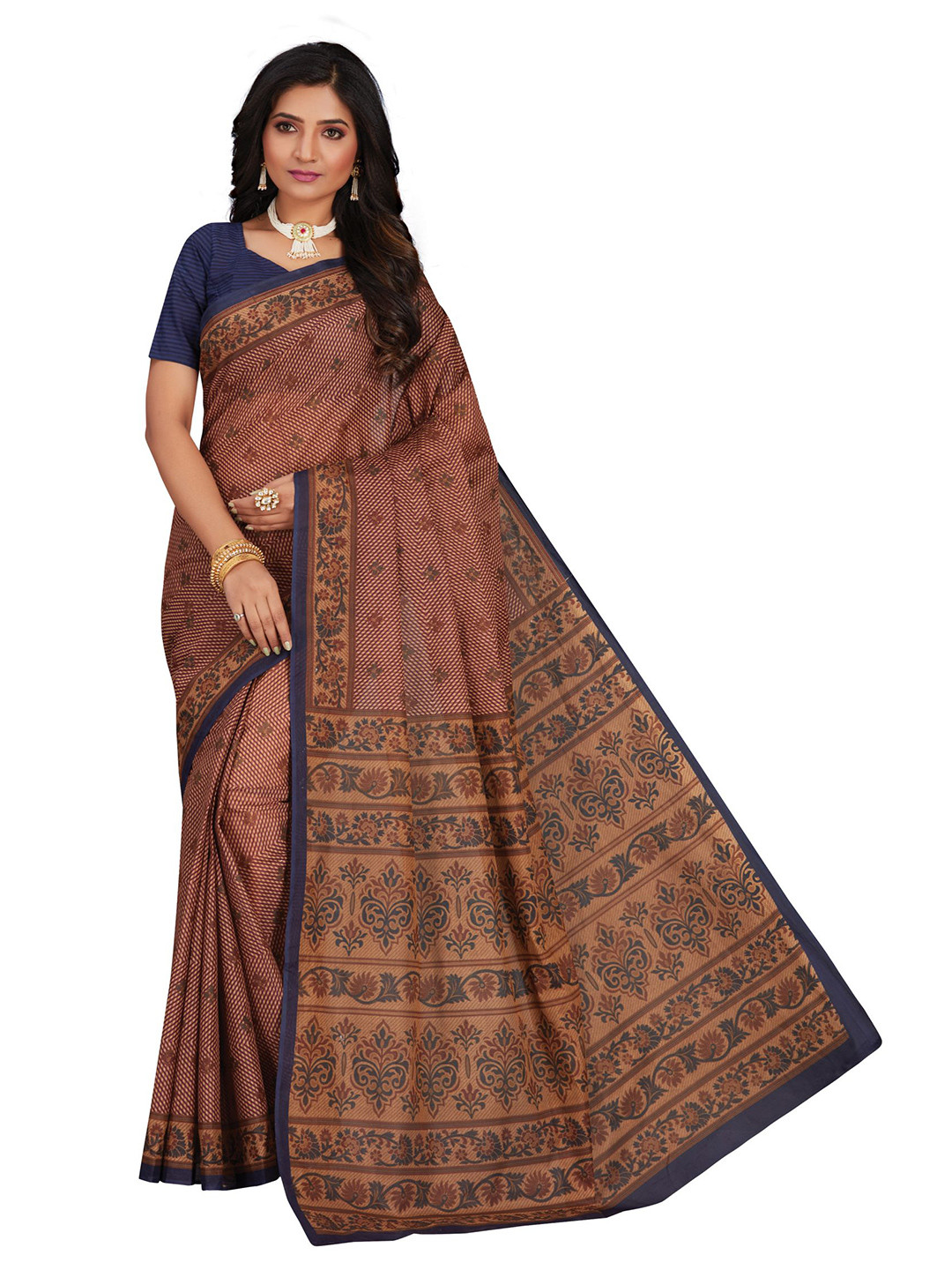 

SHANVIKA Brown Checked Pure Cotton Block Print Saree