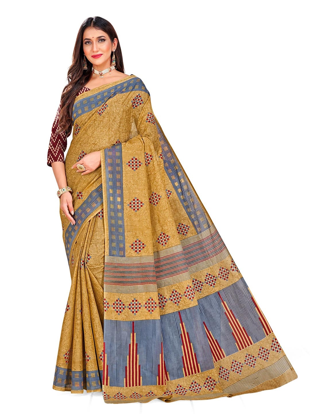 

SHANVIKA Mustard Pure Cotton Block Print Saree