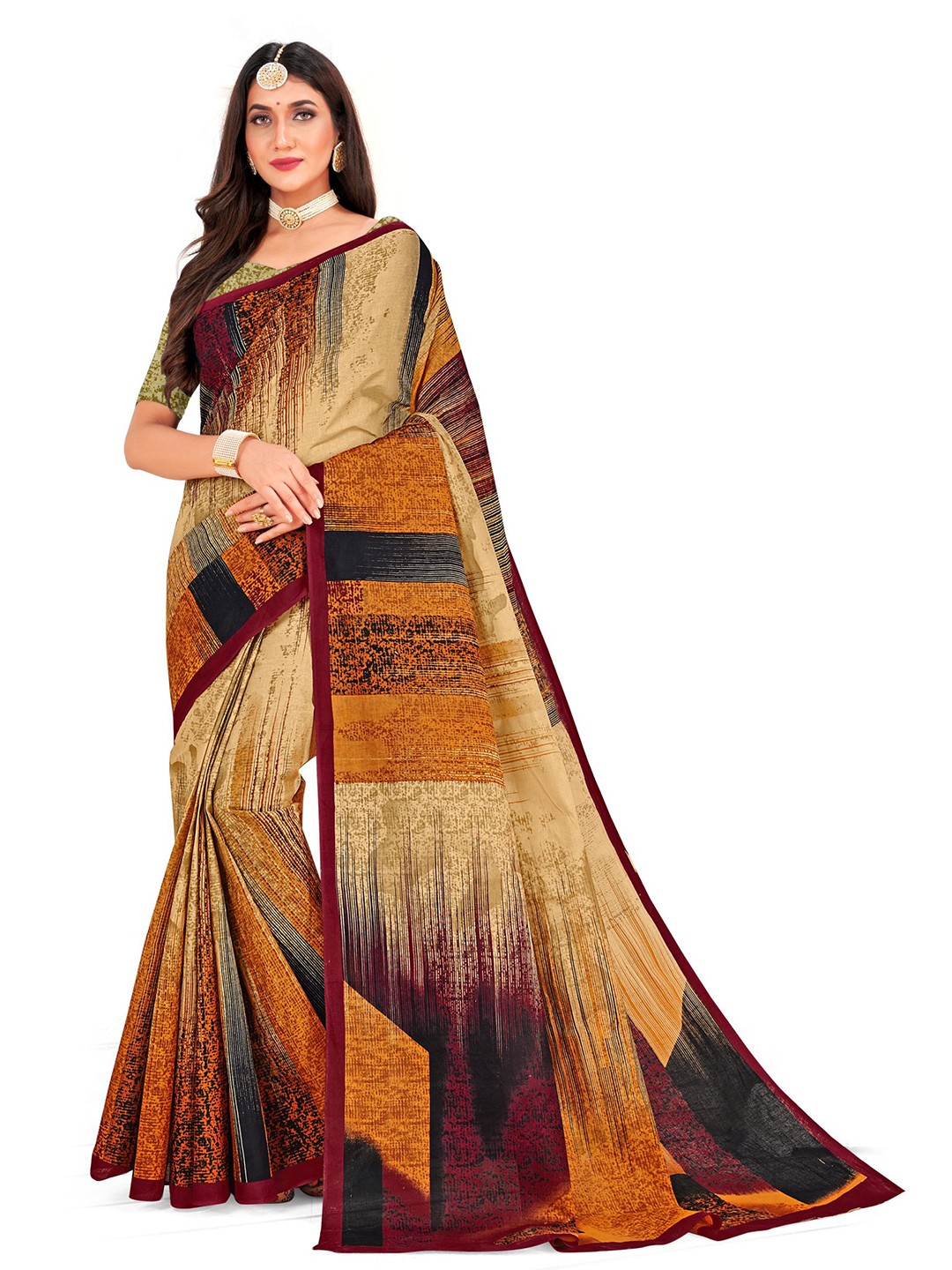 

SHANVIKA Mustard & Maroon Pure Cotton Block Print Saree