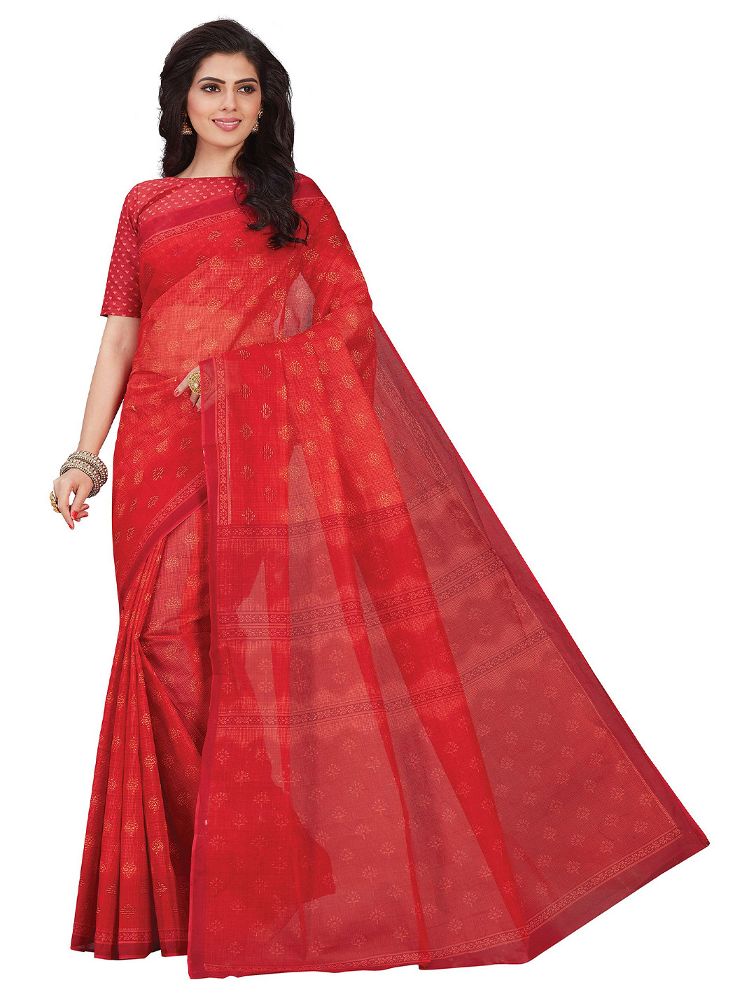 

SHANVIKA Red Ethnic Motifs Block Printed Pure Cotton Saree