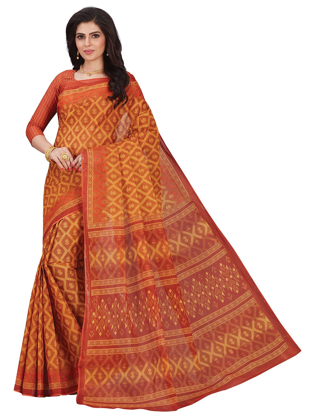 

SHANVIKA Mustard & Red Checked Pure Cotton Block Print Saree