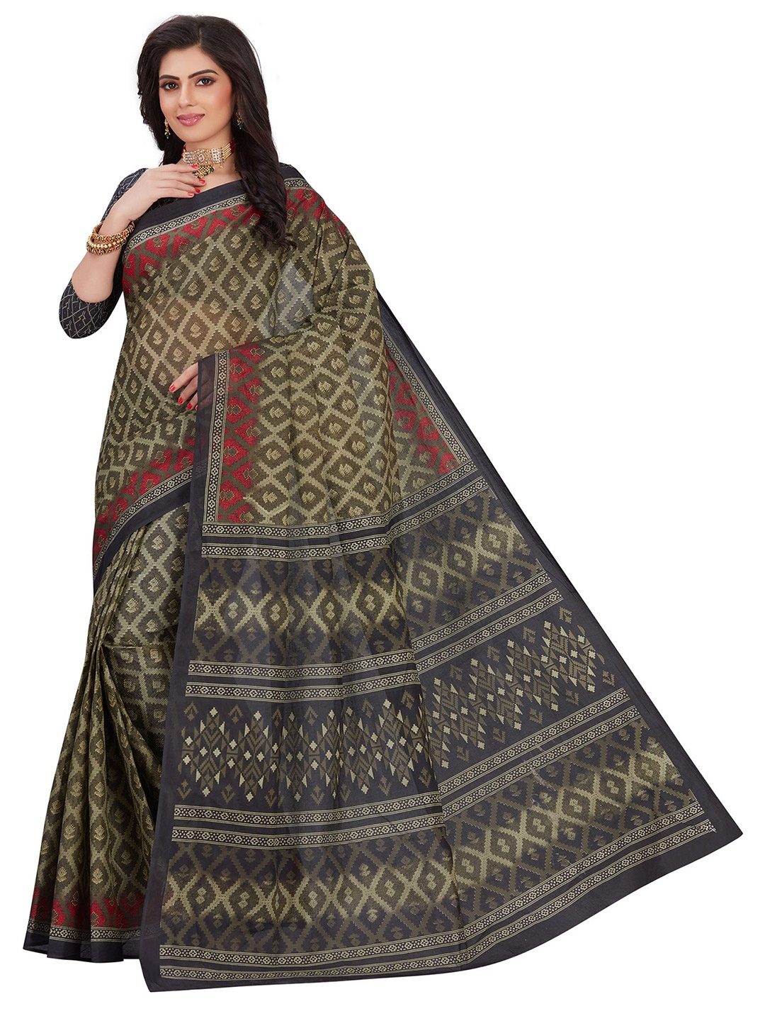 

SHANVIKA Grey & Green Pure Cotton Block Print Saree
