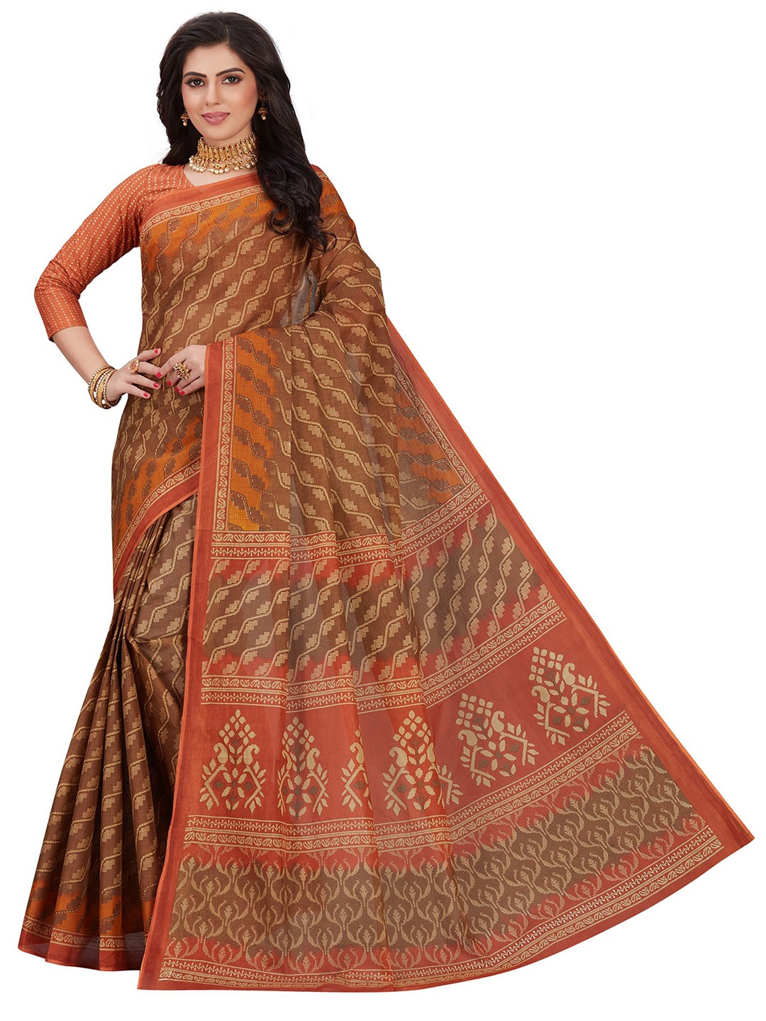 

SHANVIKA Mustard & Brown Leheriya Pure Cotton Block Print Saree
