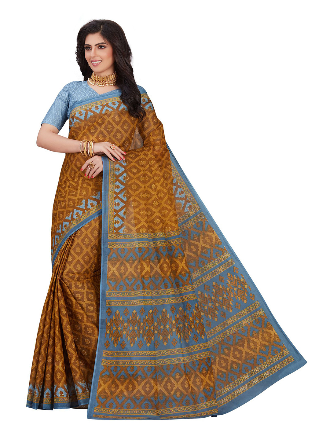 

SHANVIKA Mustard & Blue Pure Cotton Block Print Saree