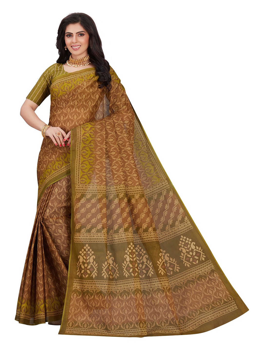 

SHANVIKA Mustard & Green Ethnic Motifs Pure Cotton Block Print Saree