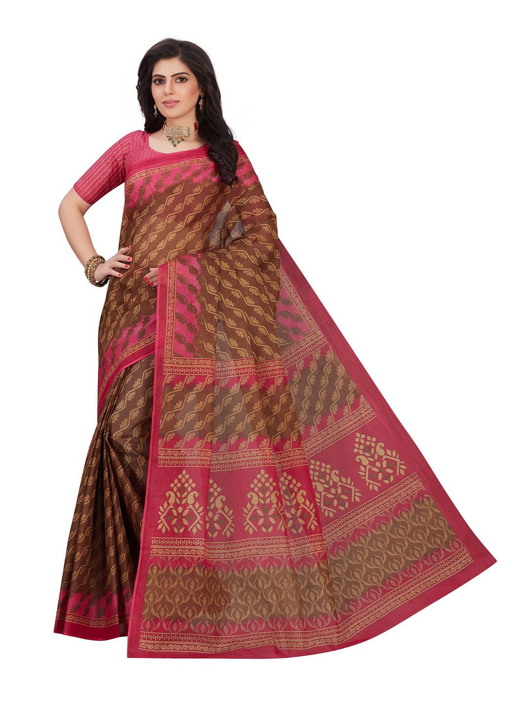 

SHANVIKA Brown & Pink Leheriya Pure Cotton Banarasi Saree