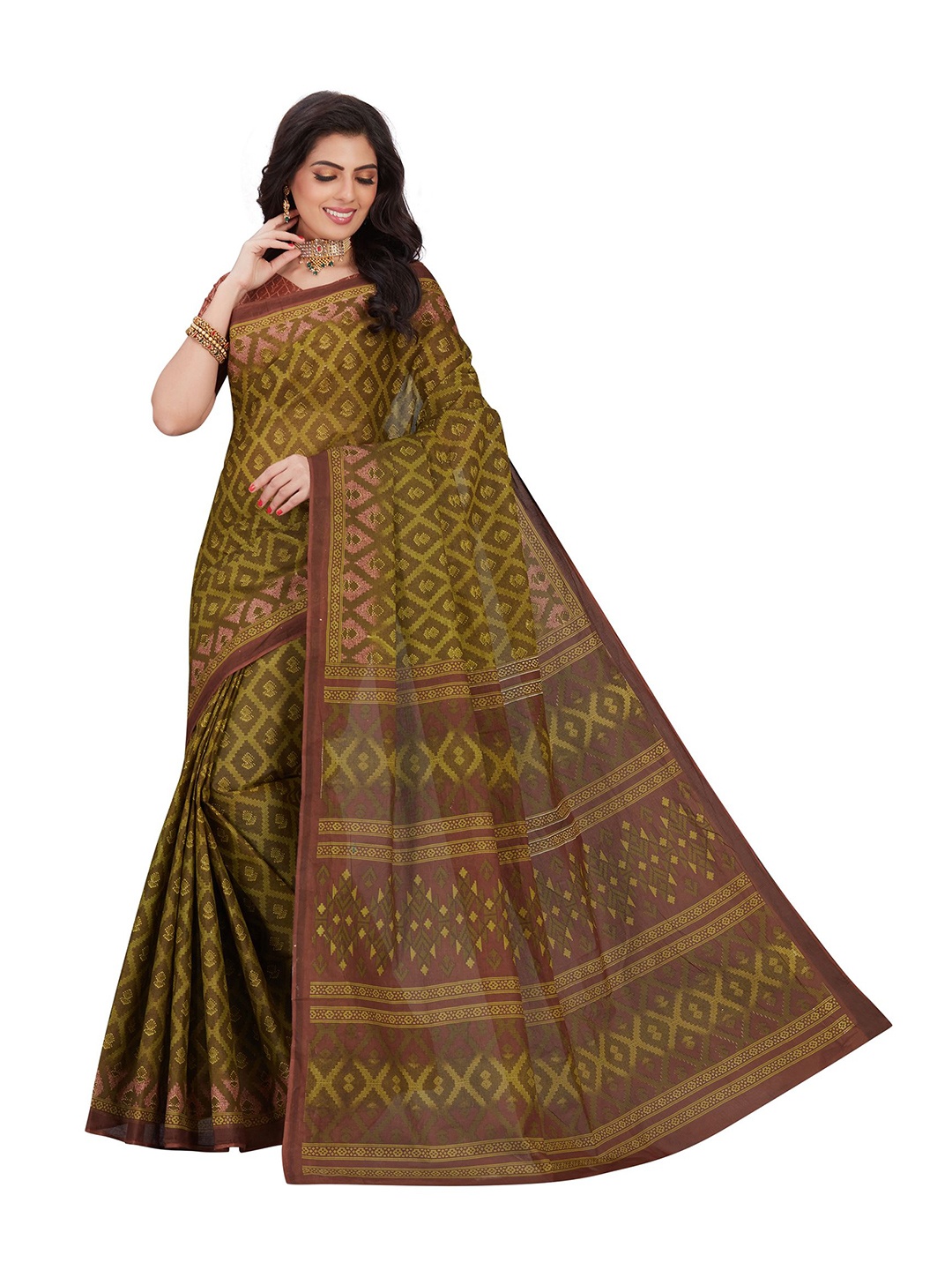 

SHANVIKA Brown Ethnic Motifs Printed Pure Cotton Saree