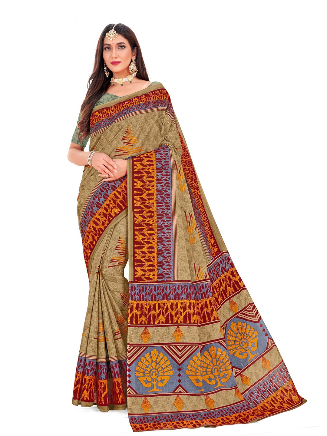 

SHANVIKA Beige & Mustard Ethnic Motifs Pure Cotton Block Print Saree