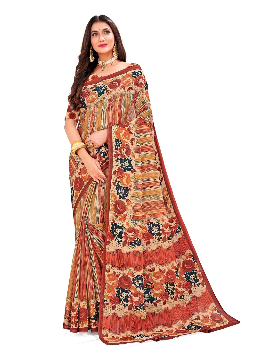 

SHANVIKA Beige & Rust Floral Pure Cotton Block Print Saree
