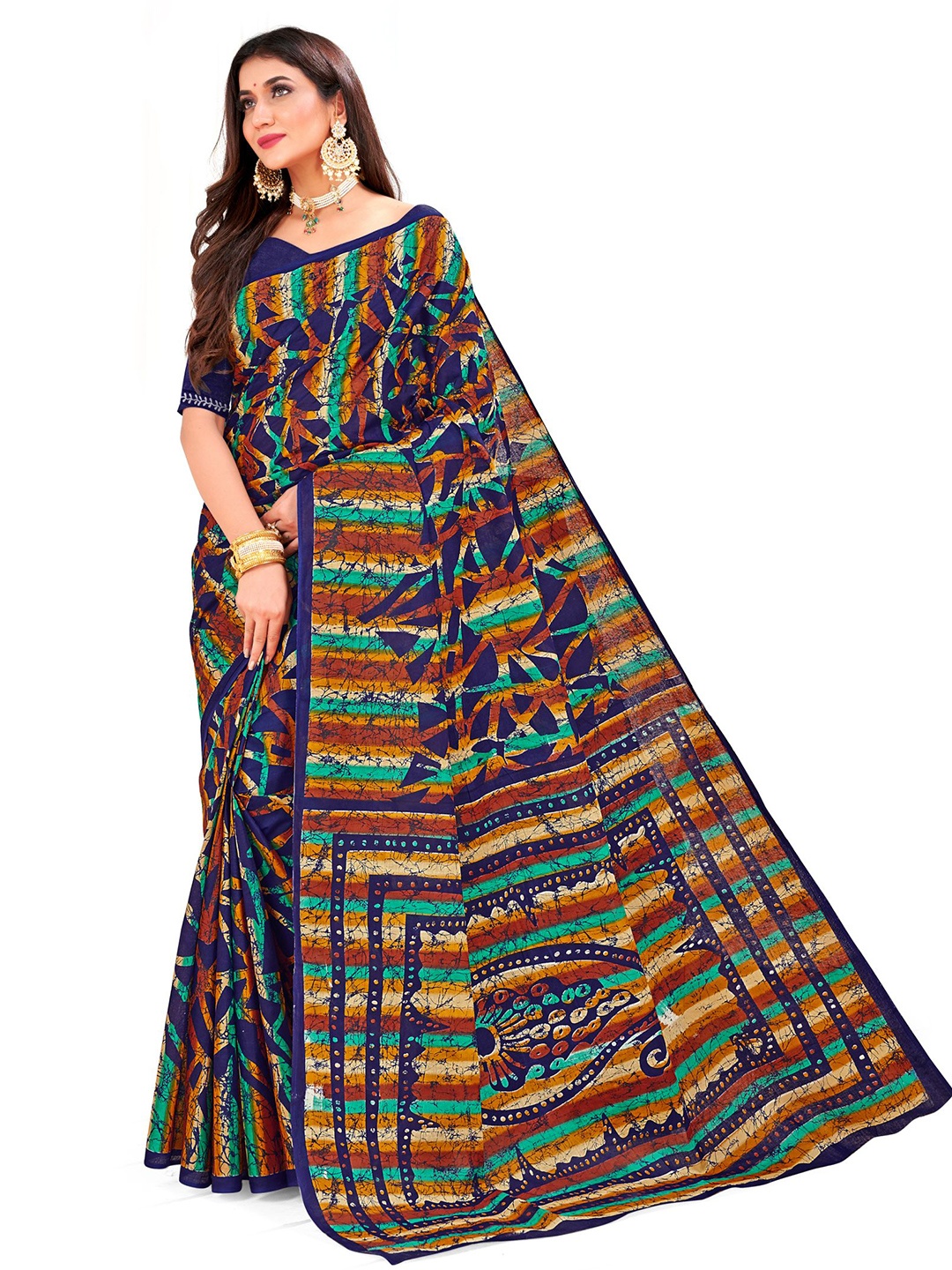 

SHANVIKA Navy Blue & Red Pure Cotton Block Print Saree