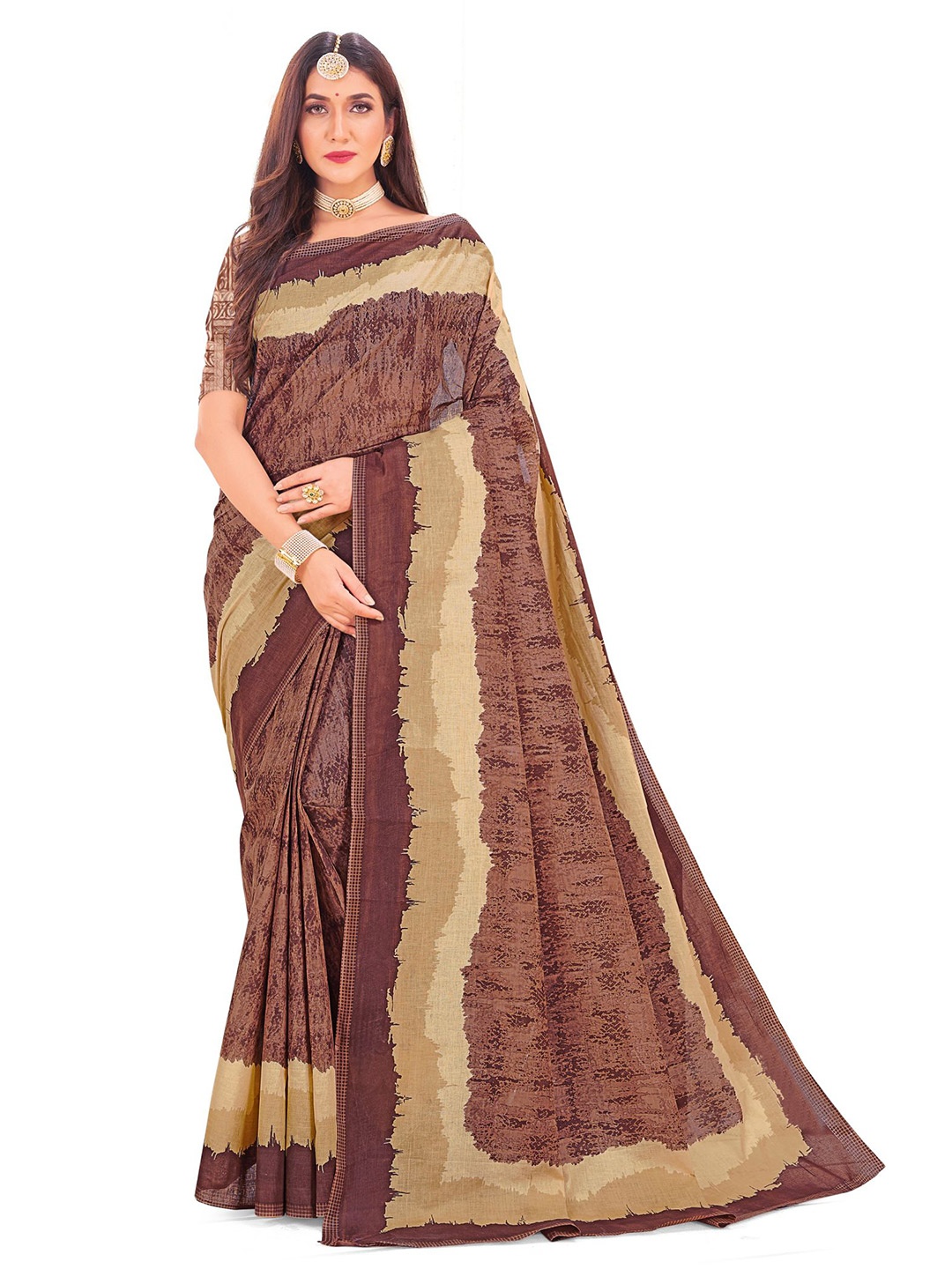 

SHANVIKA Brown & Cream-Coloured Pure Cotton Block Print Saree