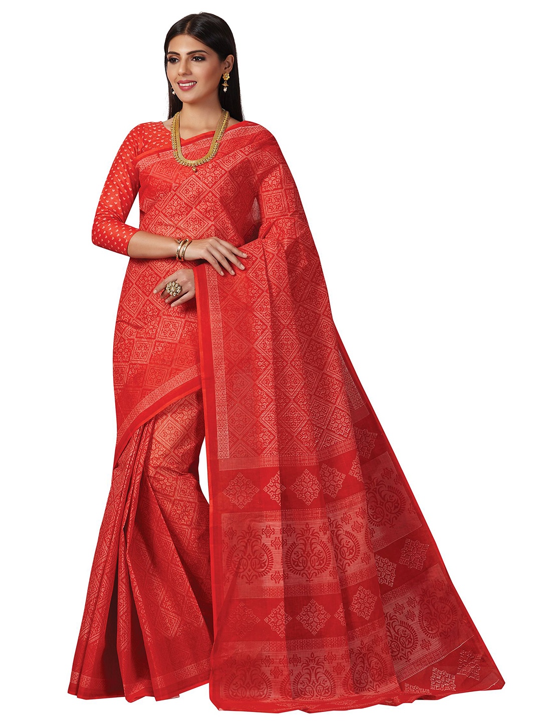 

SHANVIKA Red Checked Pure Cotton Block Print Saree