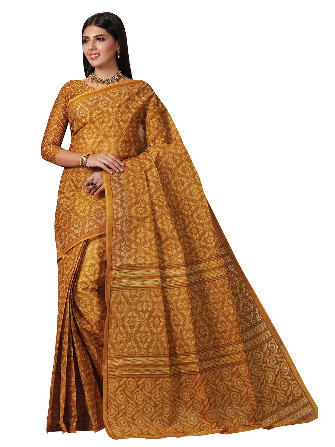 

SHANVIKA Mustard Ethnic Motifs Pure Cotton Block Print Saree