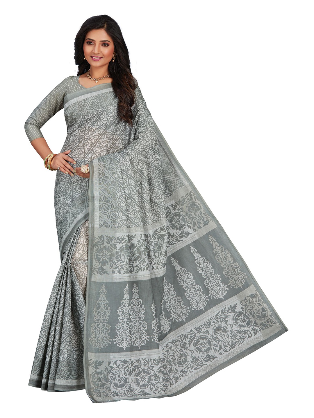 

SHANVIKA Grey Ethnic Motifs Pure Cotton Block Print Saree
