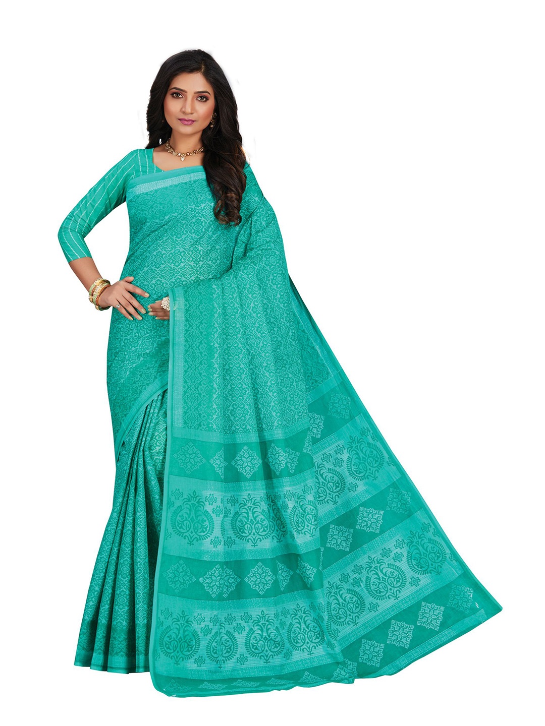 

SHANVIKA Sea Green Ethnic Motifs Pure Cotton Block Print Saree