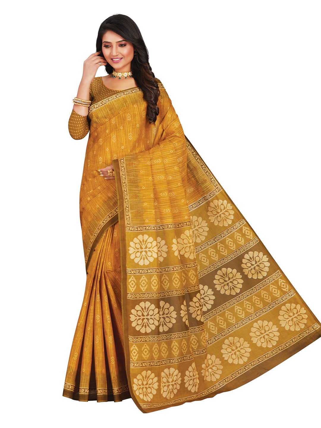 

SHANVIKA Mustard & Brown Ethnic Motifs Pure Cotton Block Print Saree