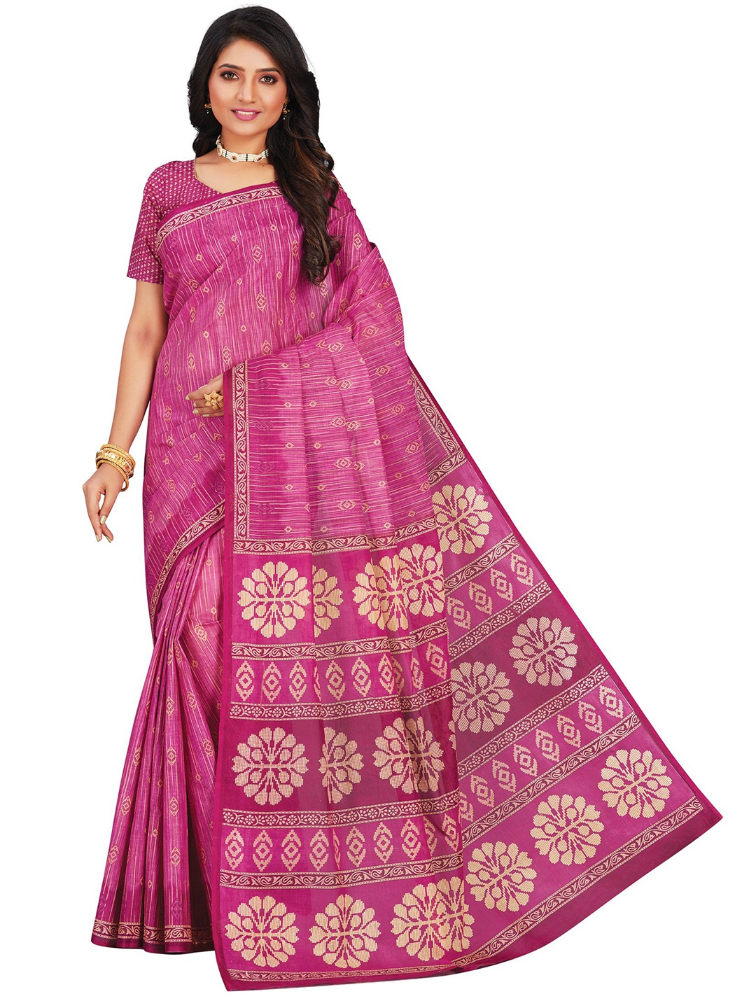 

SHANVIKA Mustard & Beige Ethnic Motifs Pure Cotton Block Print Saree