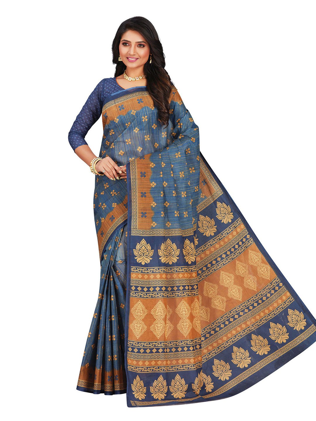 

SHANVIKA Mustard & Navy Blue Floral Pure Cotton Block Print Saree