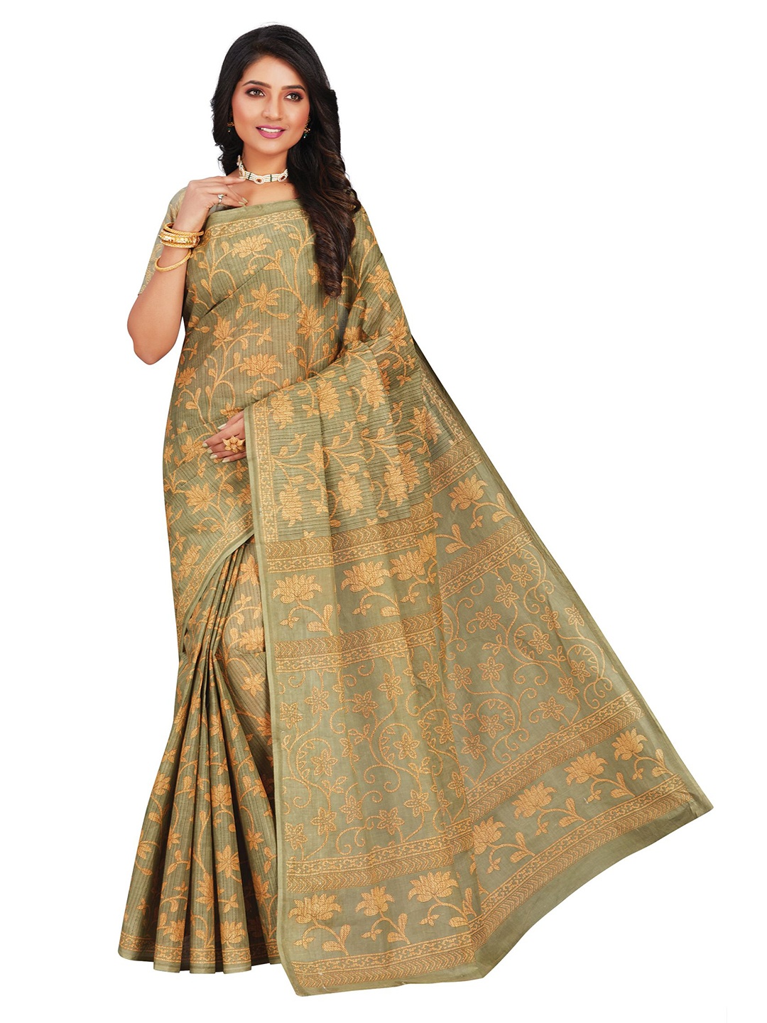 

SHANVIKA Mustard & Green Floral Pure Cotton Block Print Saree