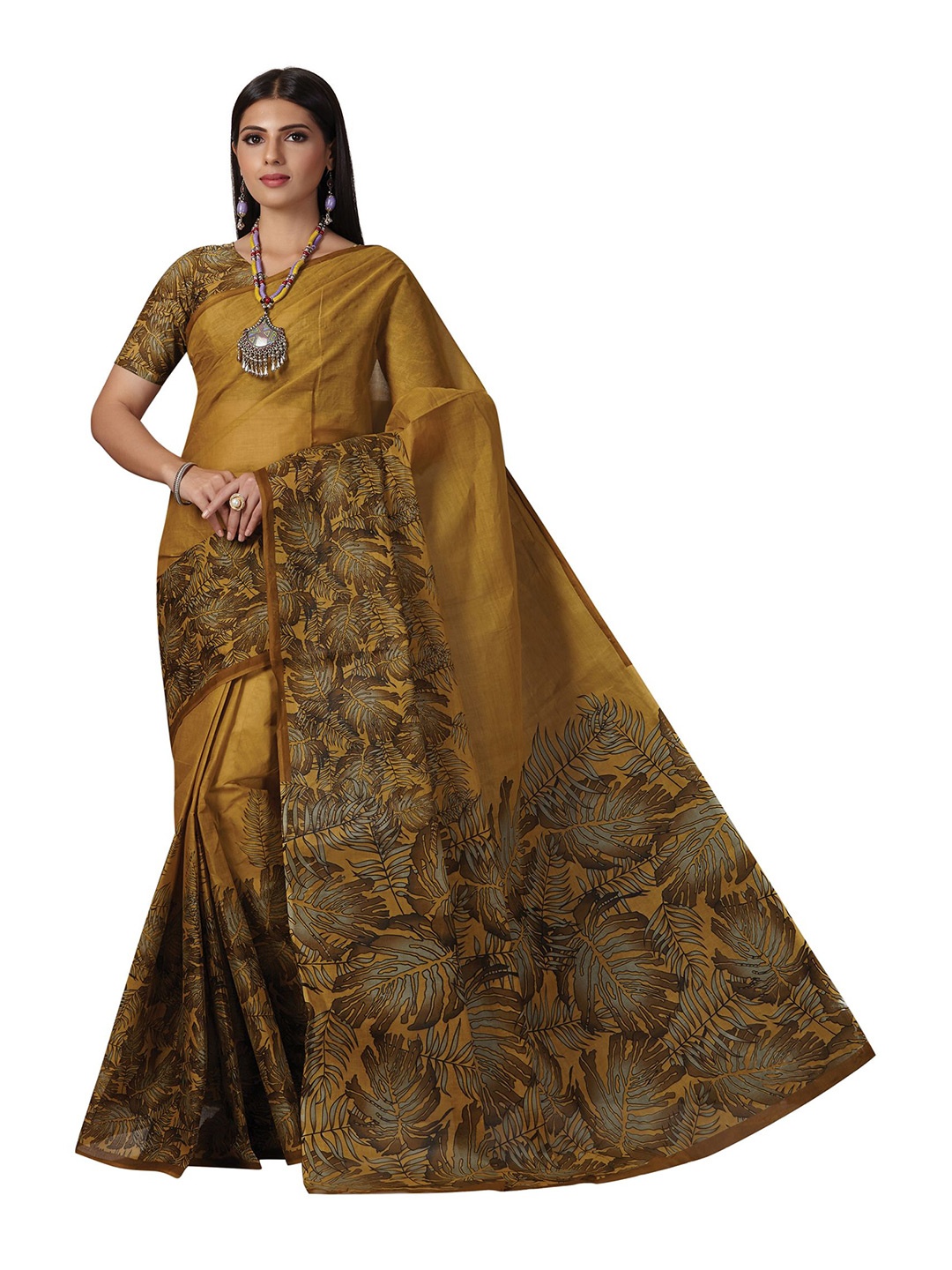 

SHANVIKA Mustard & Green Floral Pure Cotton Block Print Saree
