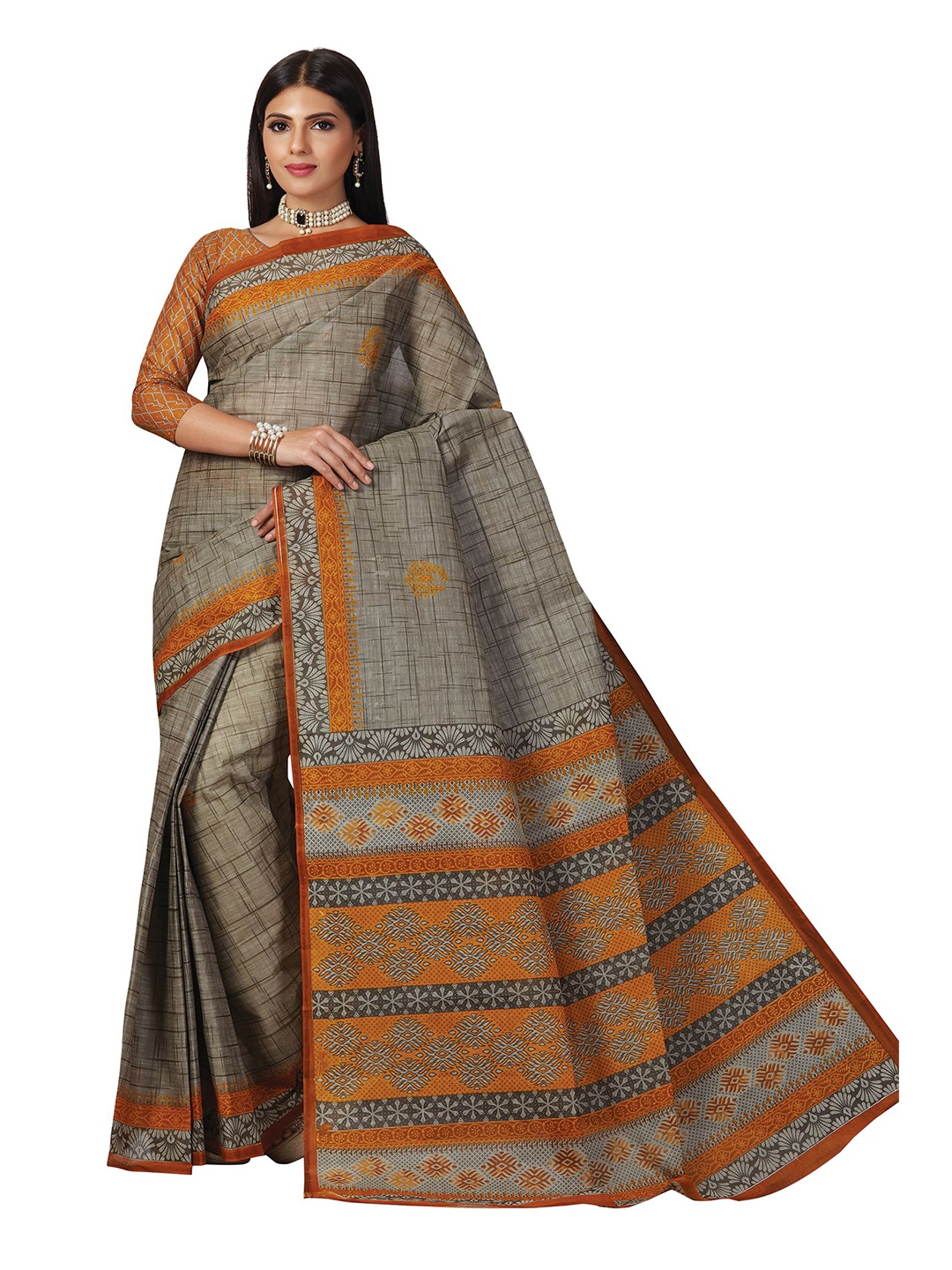 

SHANVIKA Mustard & Grey Ethnic Motifs Pure Cotton Block Print Saree