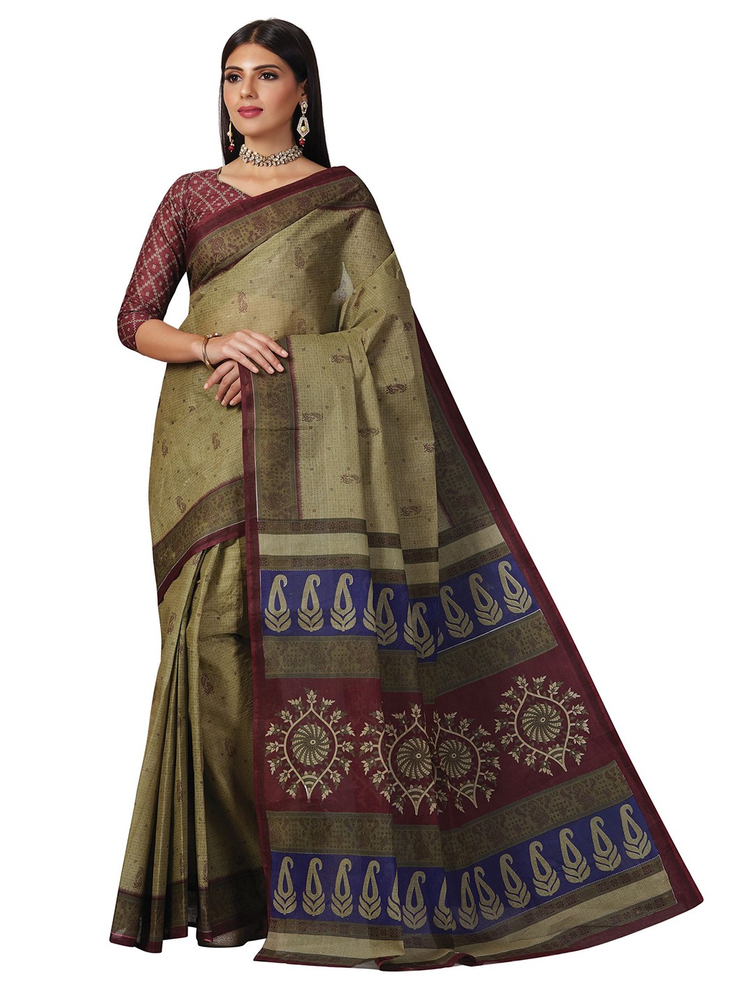 

SHANVIKA Green & Maroon Paisley Pure Cotton Block Print Saree