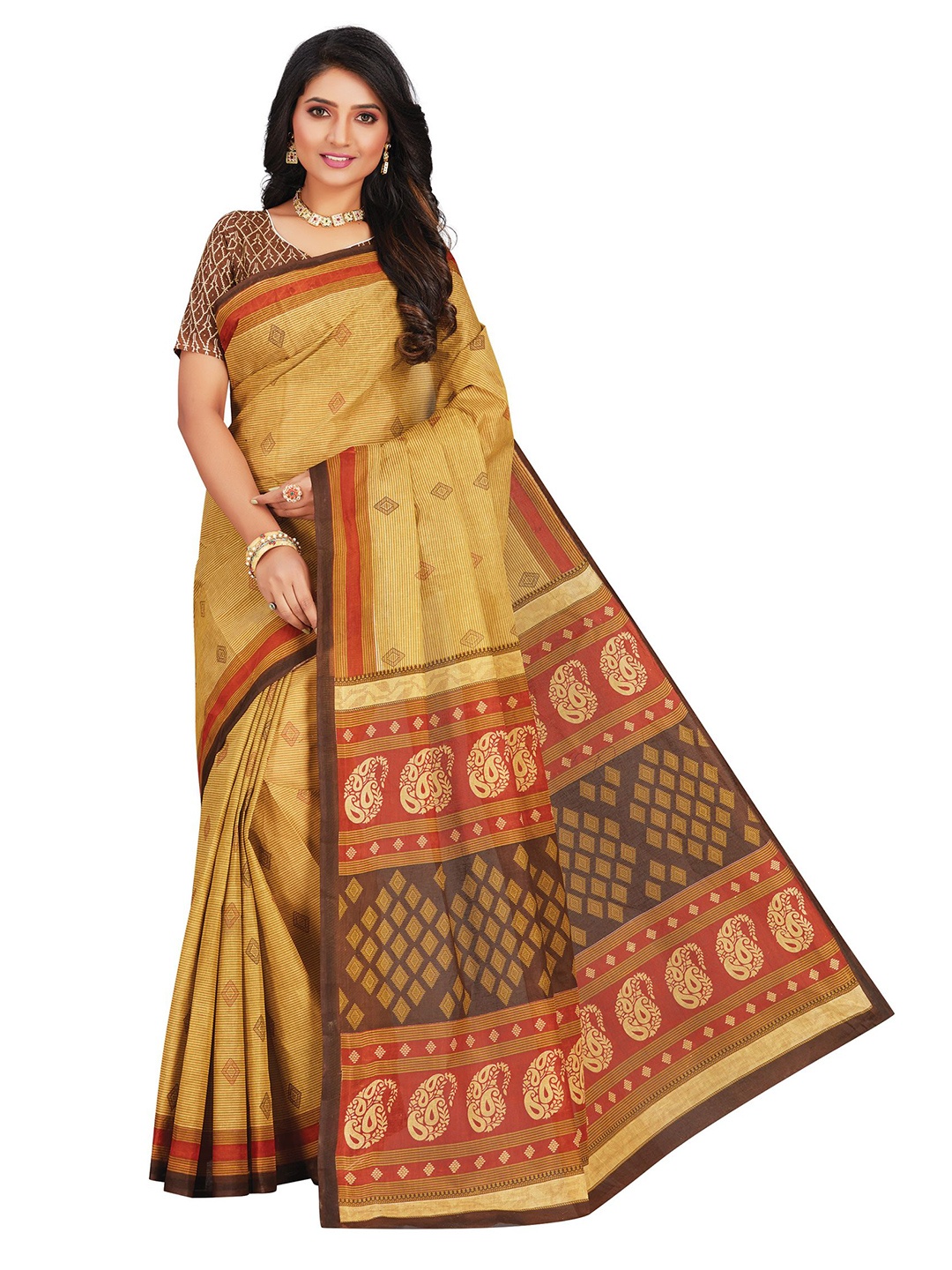 

SHANVIKA Mustard & Brown Paisley Pure Cotton Block Print Saree