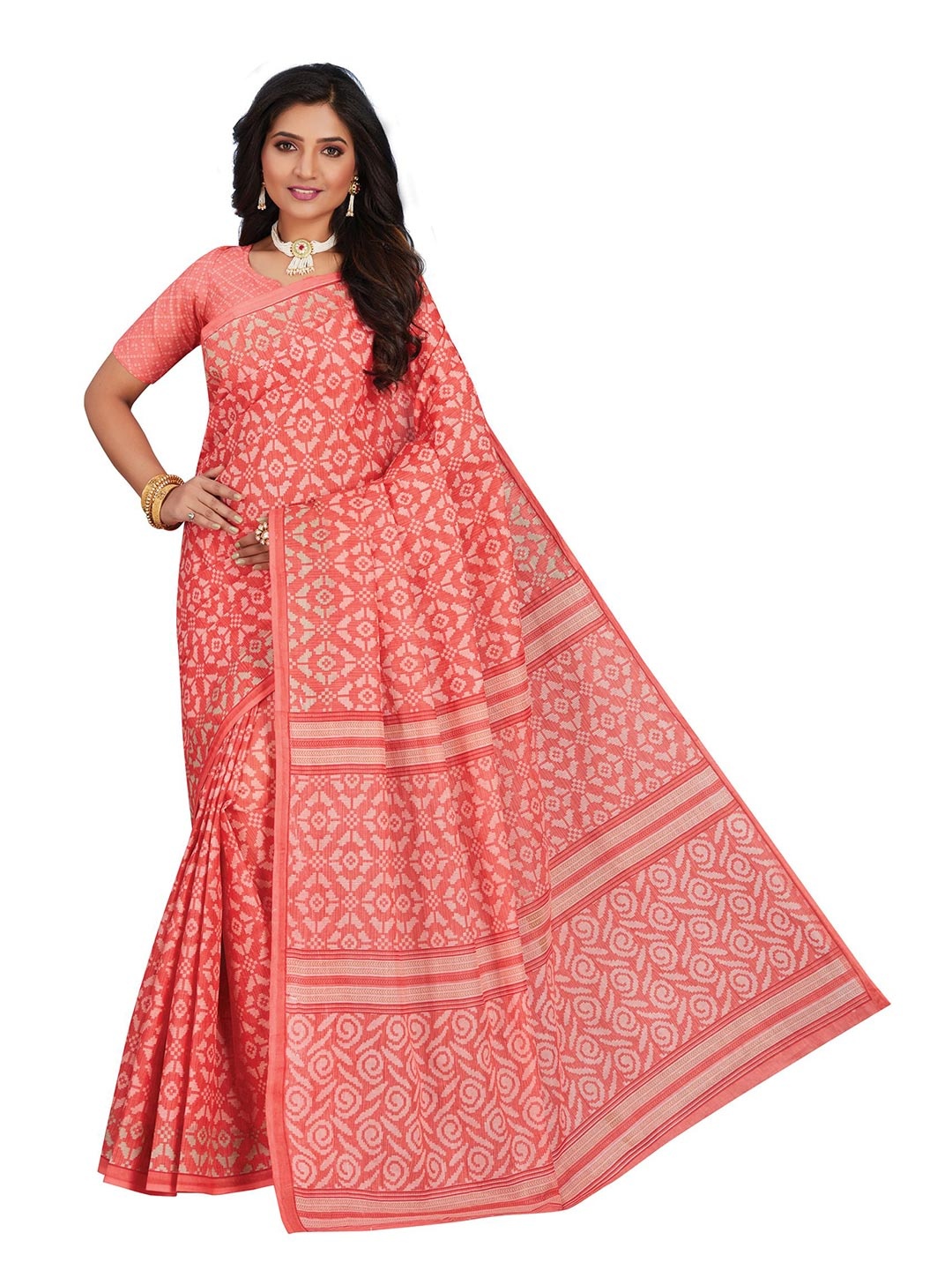 

SHANVIKA Peach-Coloured & White Ethnic Motifs Pure Cotton Block Print Saree