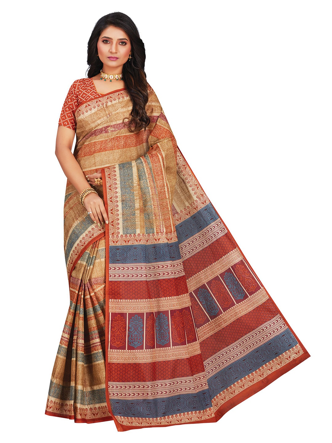 

SHANVIKA Mustard & Red Striped Pure Cotton Block Print Saree