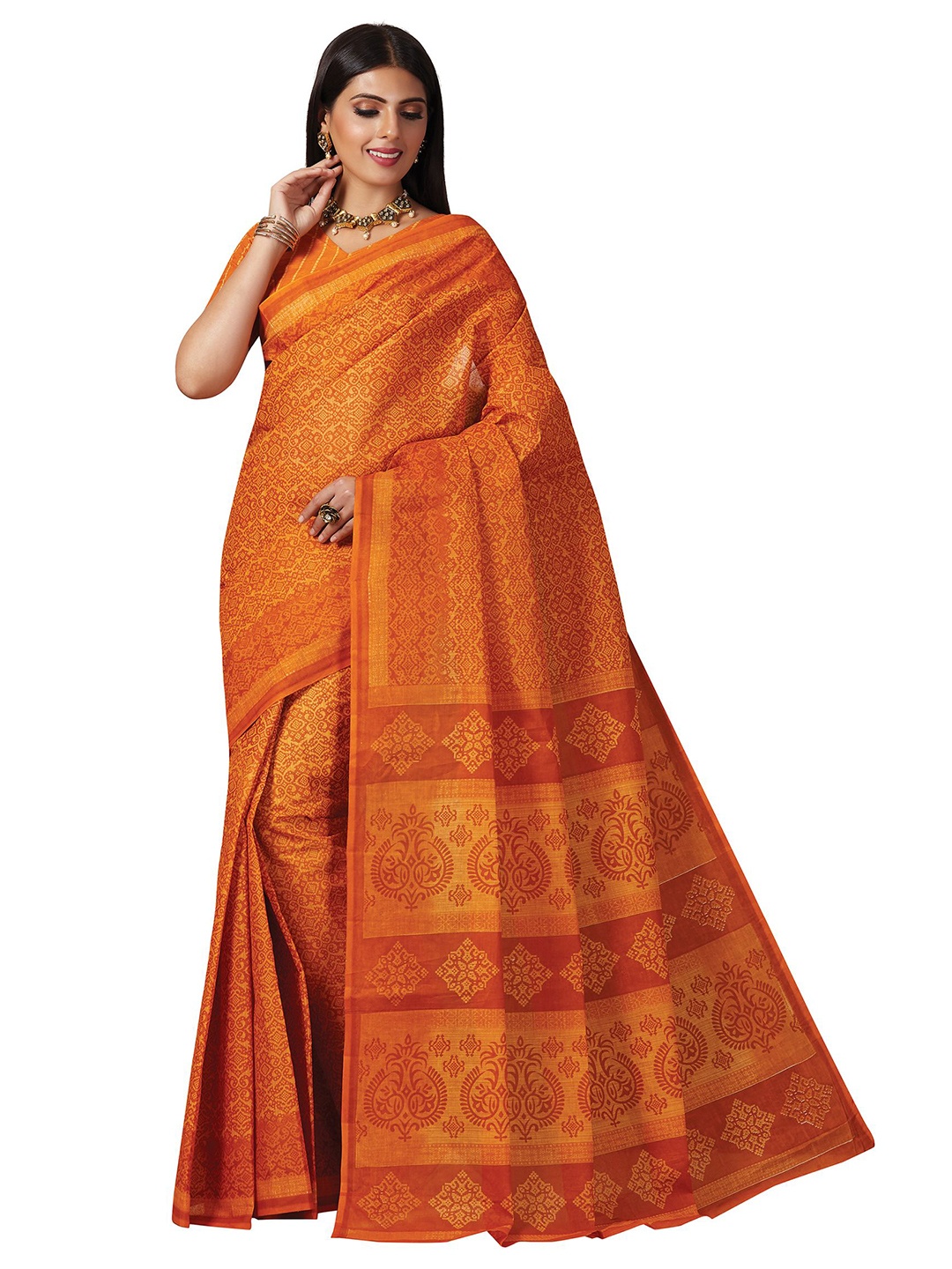 

SHANVIKA Orange & Red Ethnic Motifs Pure Cotton Block Print Saree