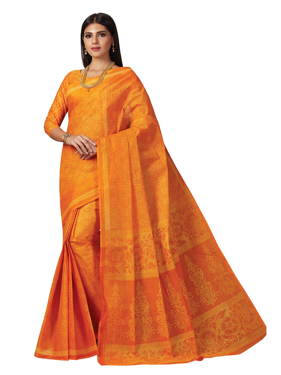 

SHANVIKA Orange Ethnic Motifs Pure Cotton Block Print Saree