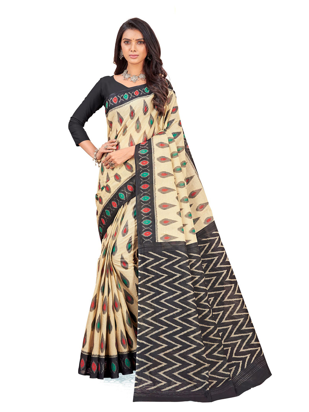 

SHANVIKA Beige & Black Ethnic Motifs Pure Cotton Block Print Saree