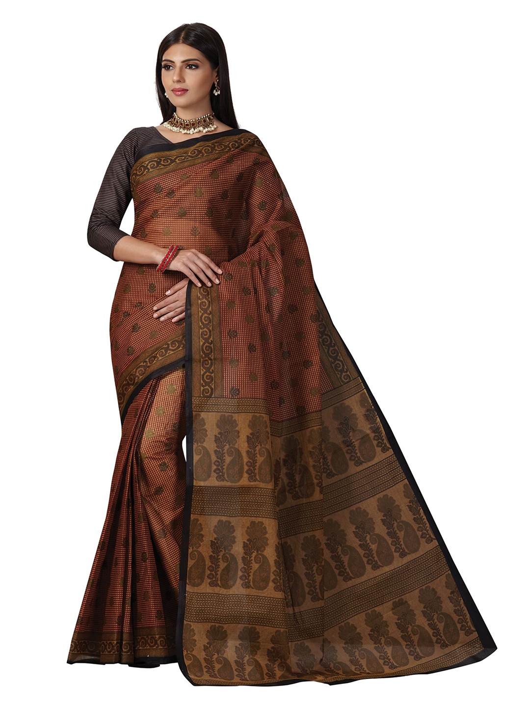 

SHANVIKA Brown & Black Checked Pure Cotton Block Print Saree