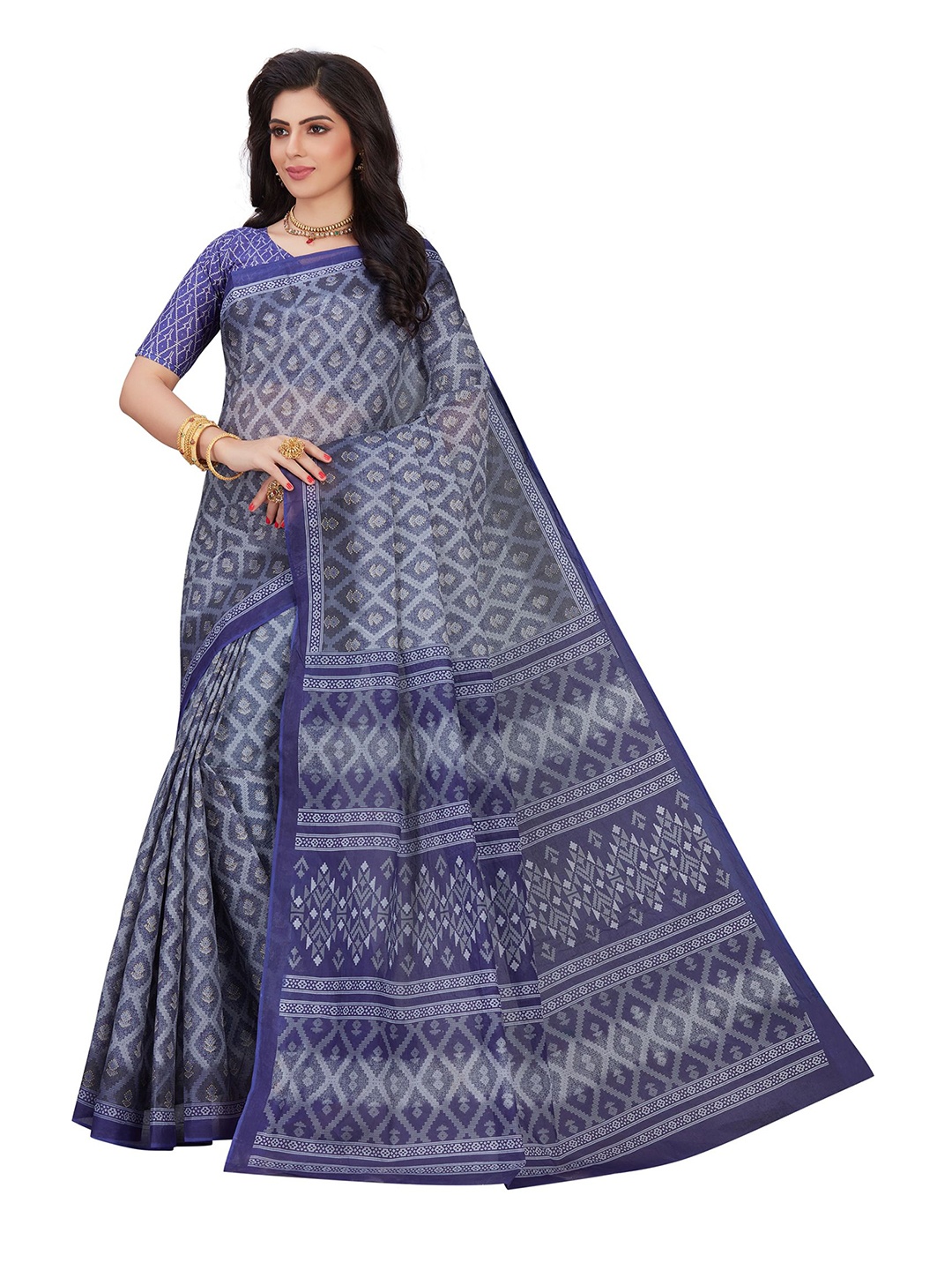 

SHANVIKA Blue & Grey Pure Cotton Block Print Saree
