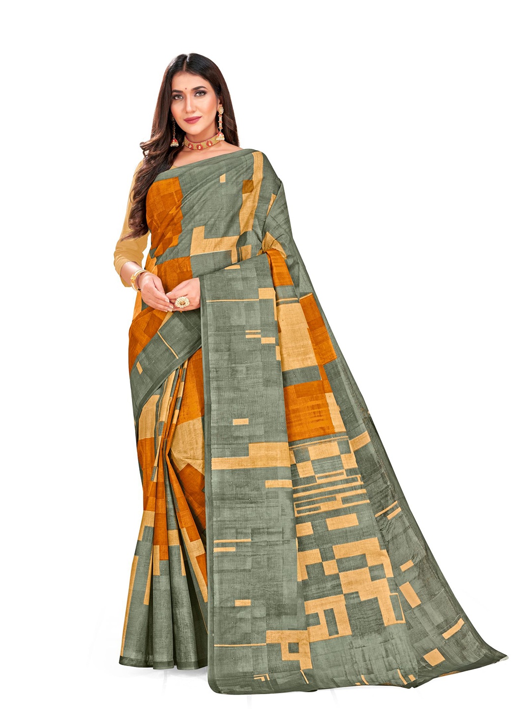 

SHANVIKA Mustard & Grey Pure Cotton Printed Saree