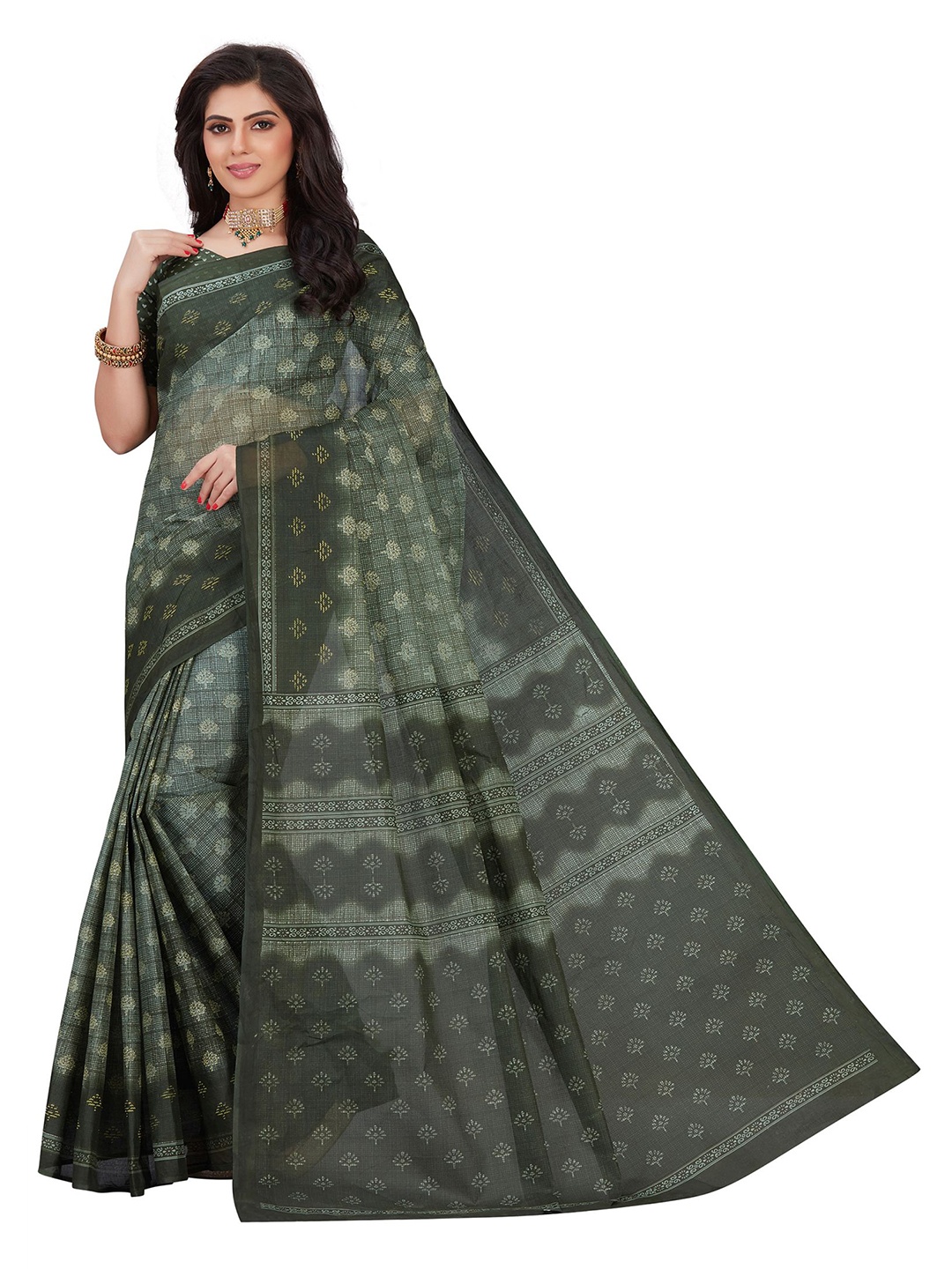 

SHANVIKA Green Ethnic Motifs Pure Cotton Block Print Saree